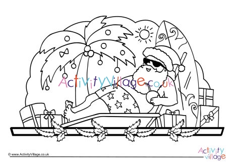 Sunbathing Santa colouring page