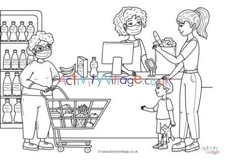 Supermarket scene with masks colouring page
