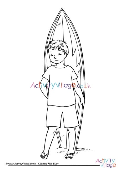 Surfboard and Boy Colouring Page