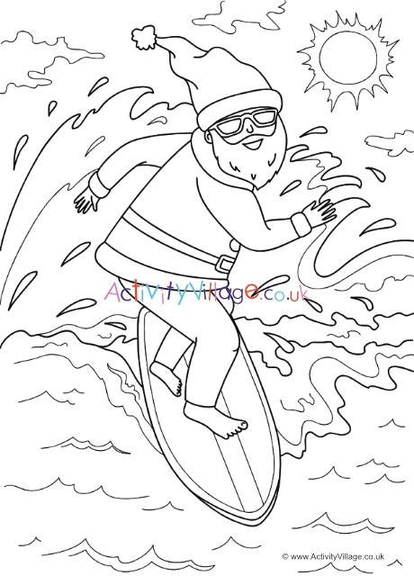 Surfing Santa colouring page
