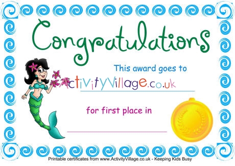 Swimming certificate first place mermaid