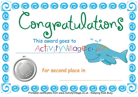 Swimming certificate second place whale