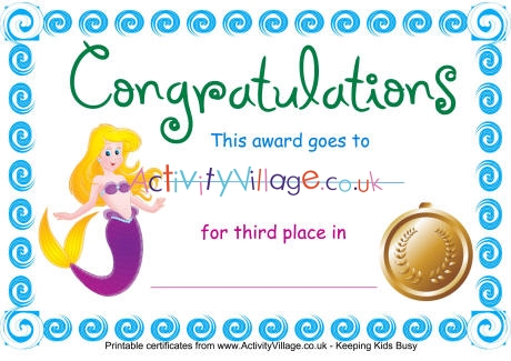 Swimming certificate third place mermaid