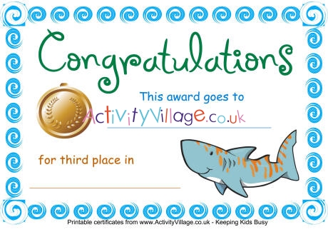 Swimming certificate third place shark
