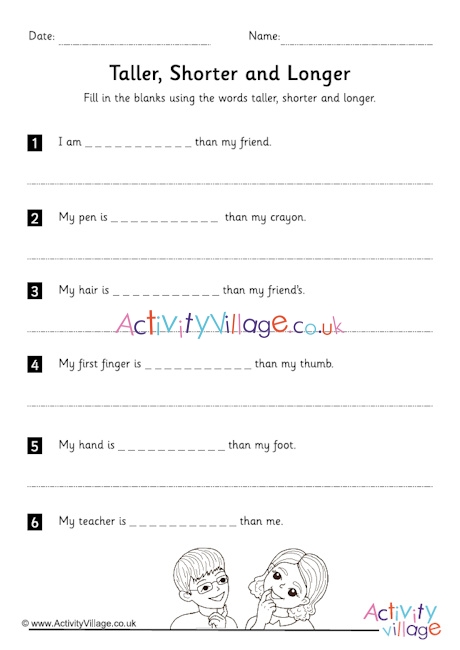 Taller, longer and shorter worksheet