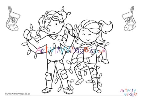 Tangled in Christmas lights colouring page