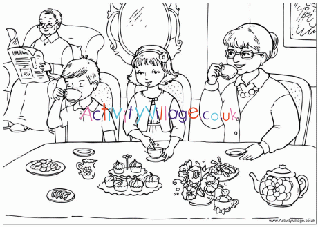 Tea with grandparents colouring page