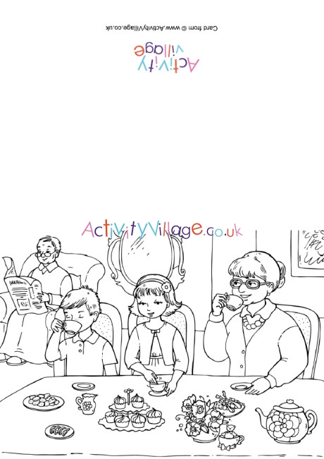 Tea with grandparents colouring card
