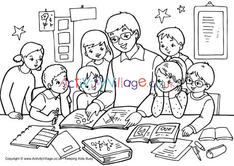 Teacher and children colouring page