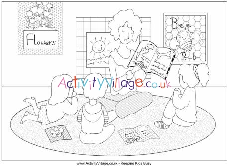 Teacher reading colouring page