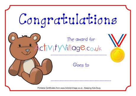 Teddy medal certificate