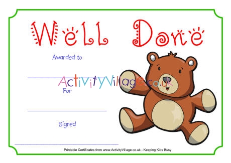 Teddy well done certificate