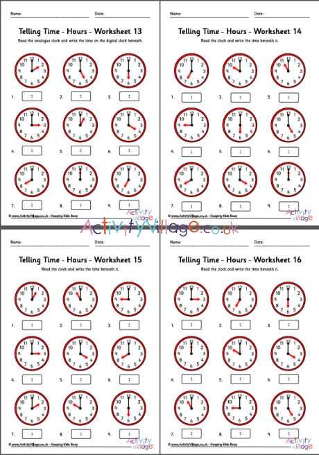 Telling time worksheets - hours - pack 4