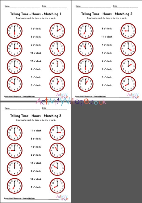 Telling time worksheets - hours - pack 5