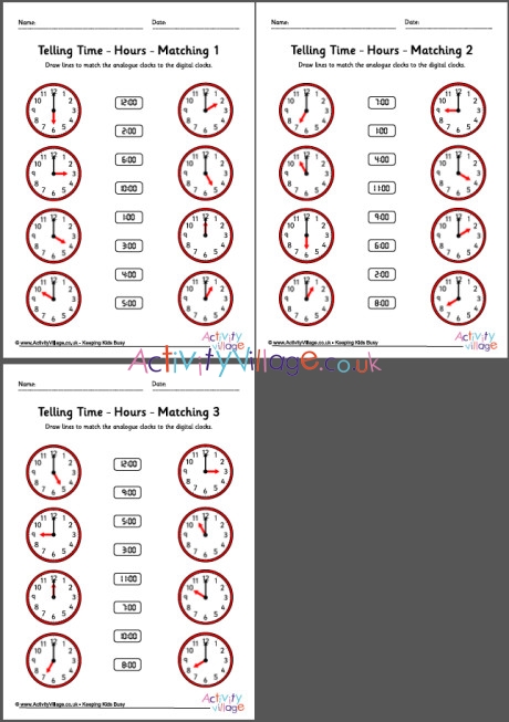 Telling time worksheets - hours - pack 6