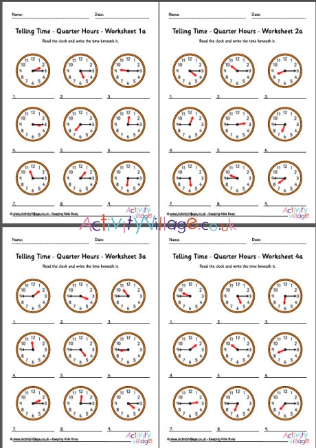 Telling time worksheets - quarter hours - pack 1