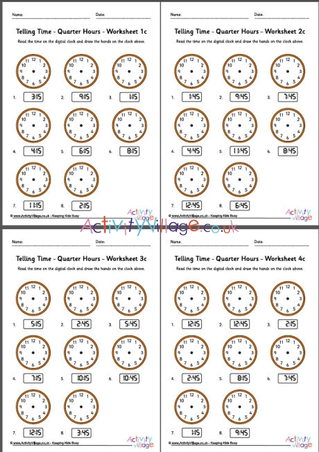 Telling time worksheets - quarter hours - pack 3