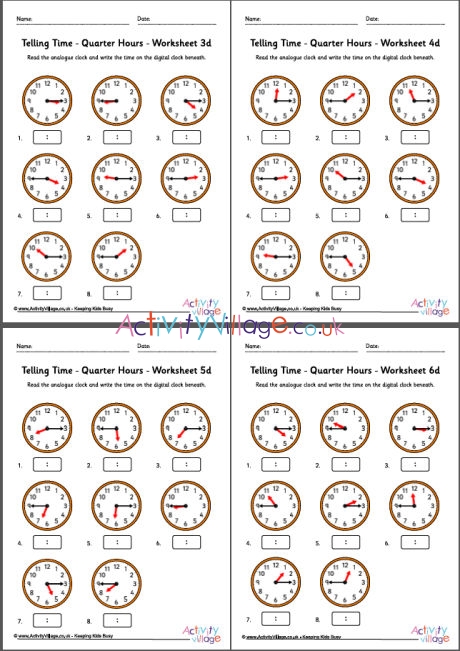 Telling time worksheets - quarter hours - pack 4