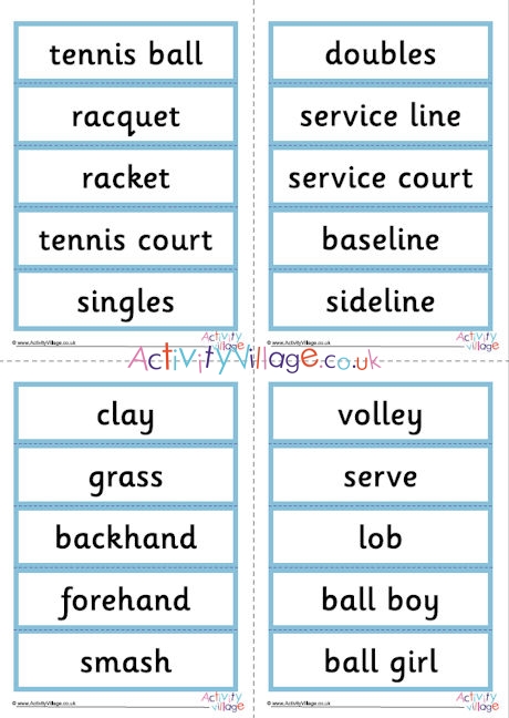 Tennis vocabulary word cards