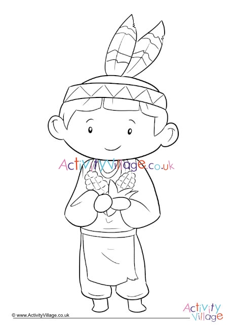 Thanksgiving boy with corn colouring page
