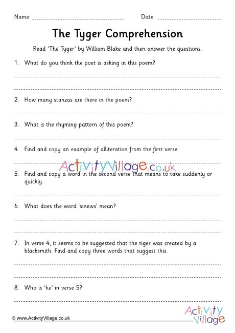 The Tyger comprehension questions