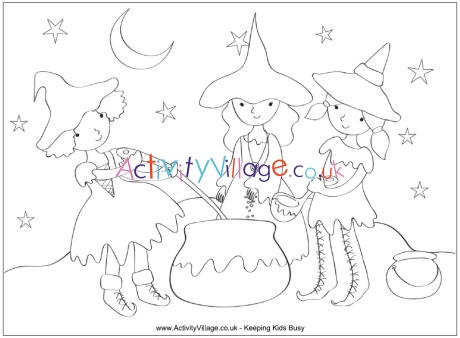 Three witches colouring page