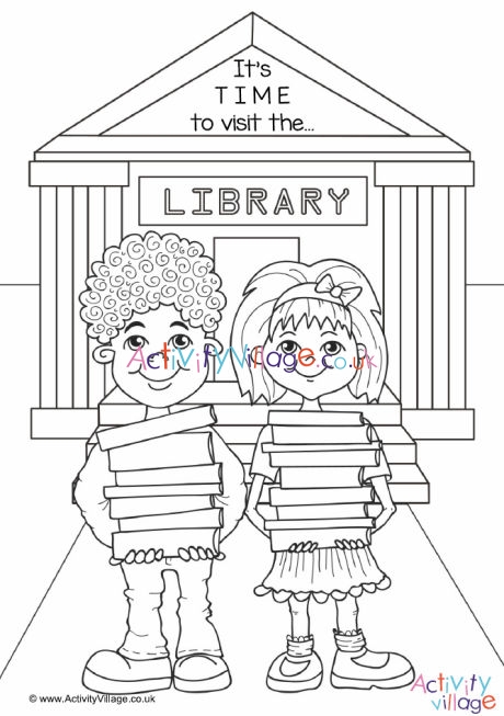 Time to visit the library colouring page
