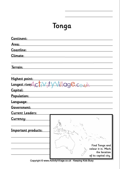 Tonga fact worksheet