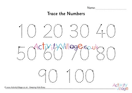Trace the numbers 10 to 100 dotted