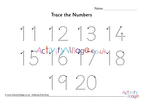 Trace the numbers 11 to 20 dotted