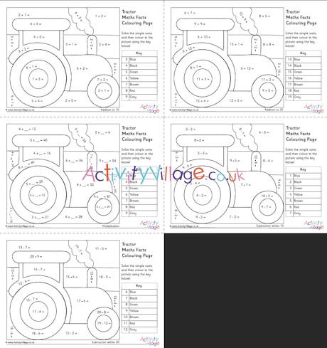 Tractor maths facts colouring pages