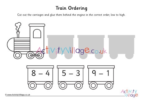 Train Ordering Cut And Paste Worksheet Subtracting To 10