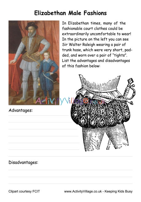 Tudor Fashions Worksheet - Elizabethan Male Fashions