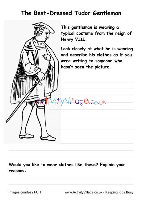 Tudor Fashions Worksheet - Male Costume Henry VIII's Reign