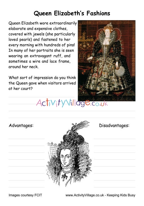 Tudor Fashions Worksheet - Queen Elizabeth's Fashions