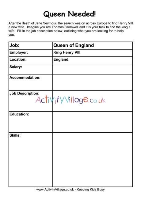 Tudor queen job application worksheet