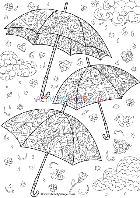 Umbrellas Doodle Colouring Page