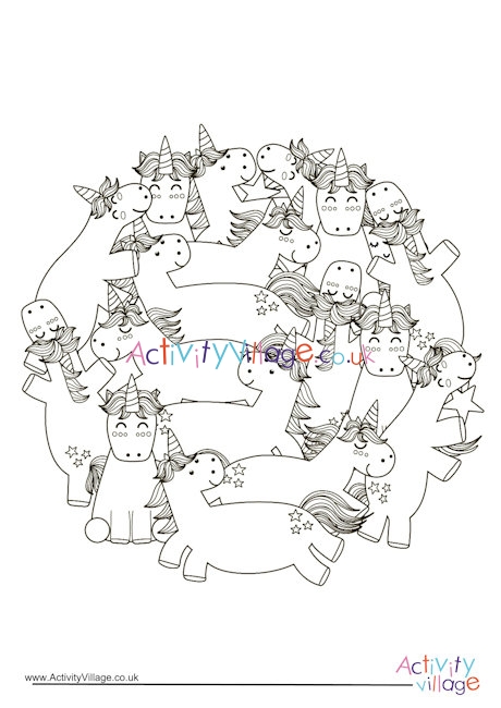 Unicorns circle colouring page