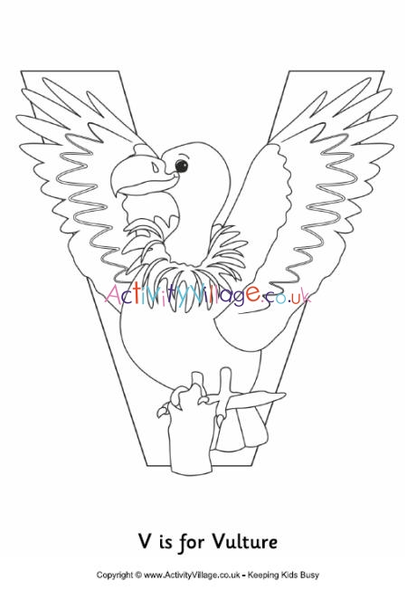 V is for vulture colouring page