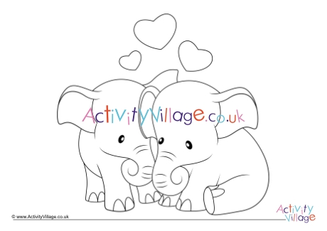Valentine elephants colouring page