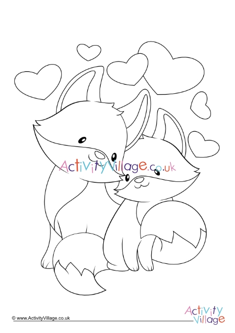Valentine foxes colouring page