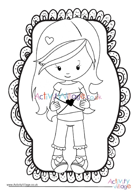 Valentine girl colouring page 1