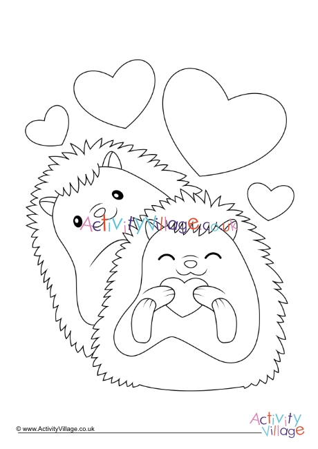 Valentine hedgehogs colouring page