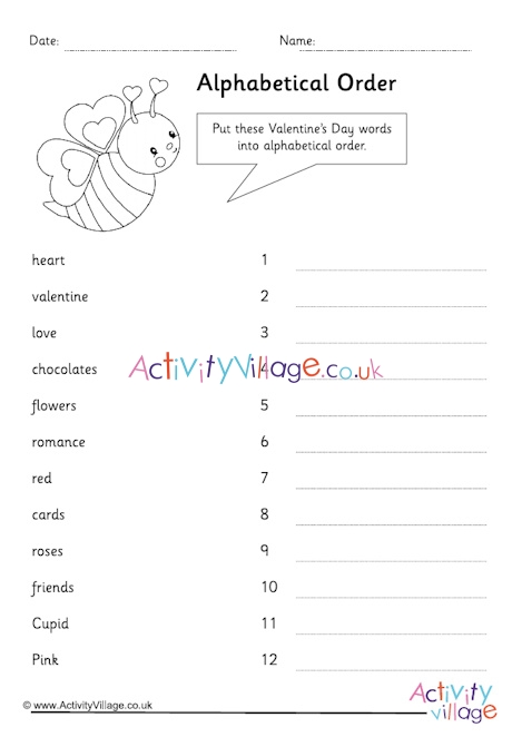 Valentine's Day alphabetical order worksheet