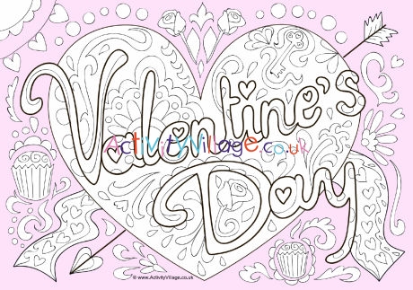 Valentine's Day doodle colour pop colouring page