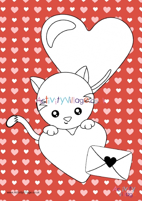 Valentine's Day kitten colour pop colouring page