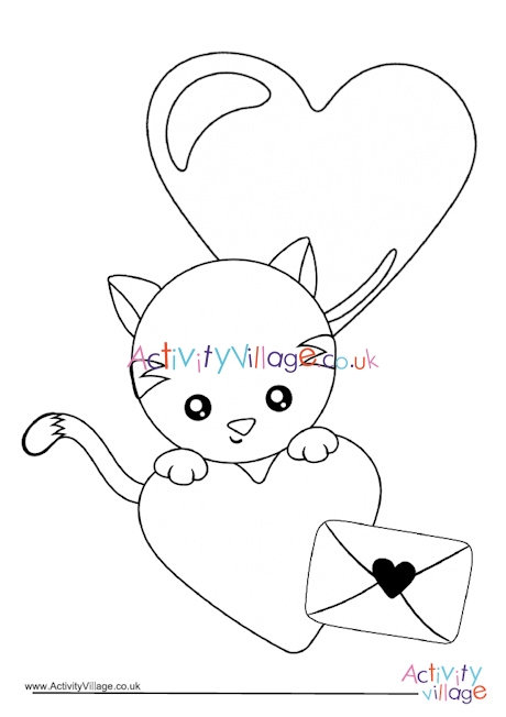 Valentine's Day kitten colouring page