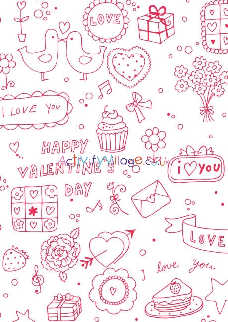 Valentines Day scrapbook paper - doodles 2 white