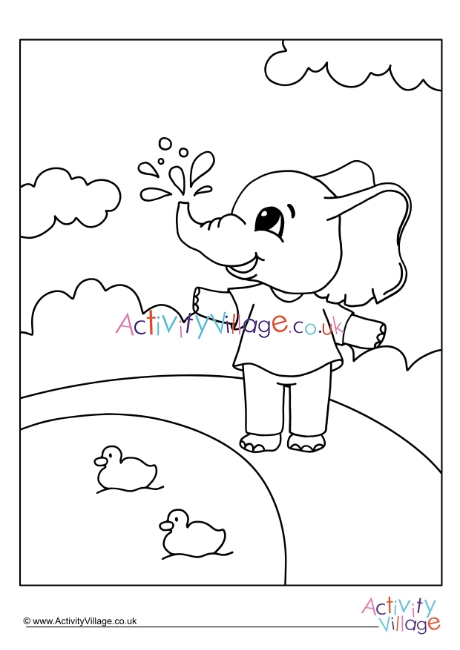 Visiting The Ducks Elephant Colouring Page