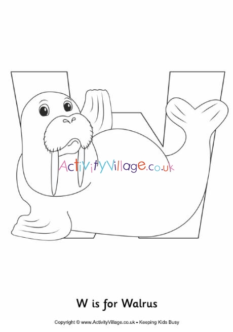 W is for walrus colouring page